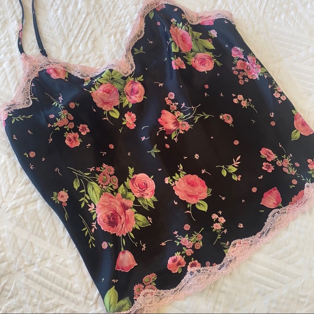 2002 Victoria’s Secret Silky Pink Roses Lace Black Vintage Camisole Tank Top M - Picture 4 of 8